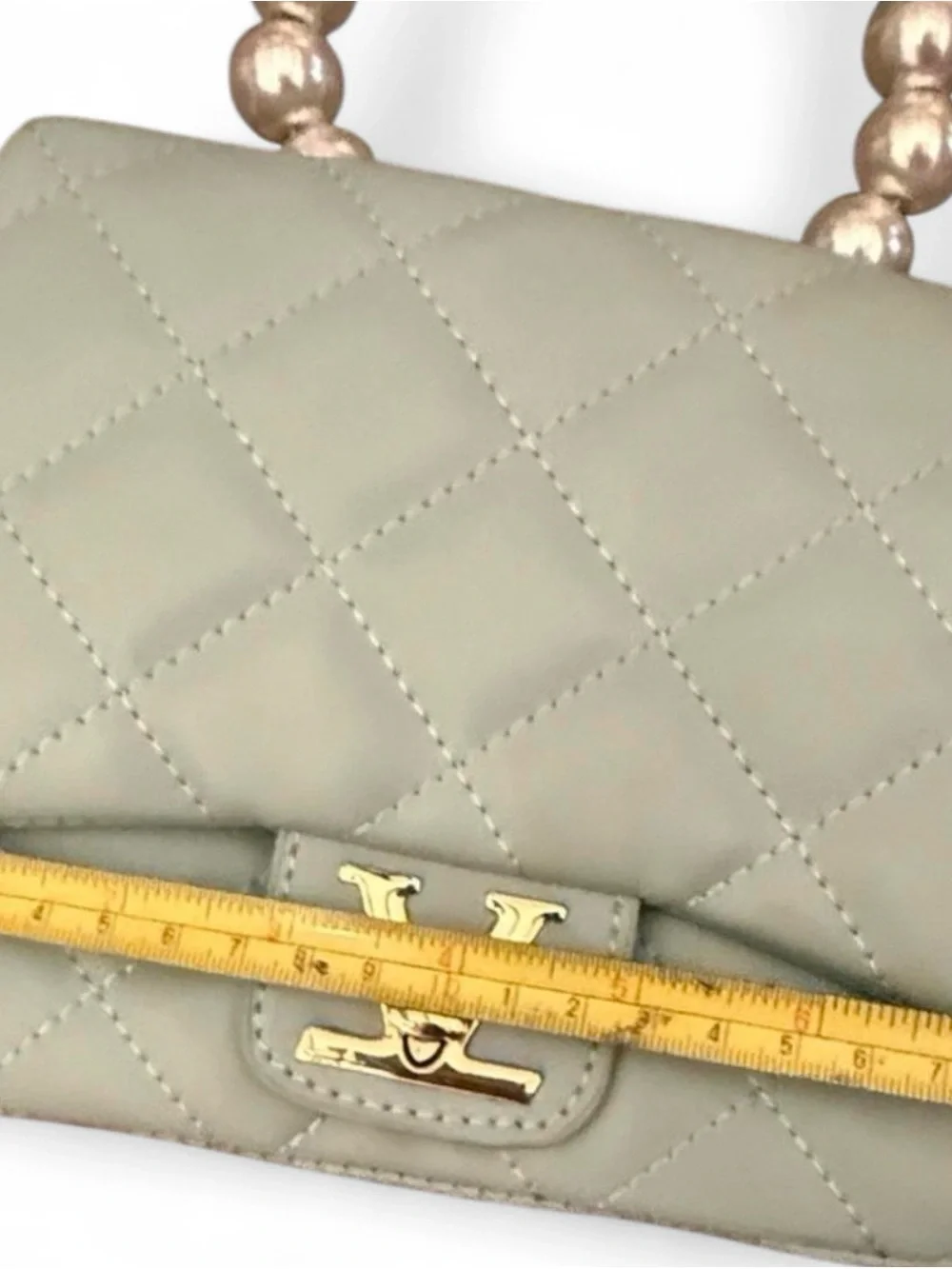 Quilted Kids Top-Handle Bag in Soft Blue Green with Gold Accent & Faux Pearls